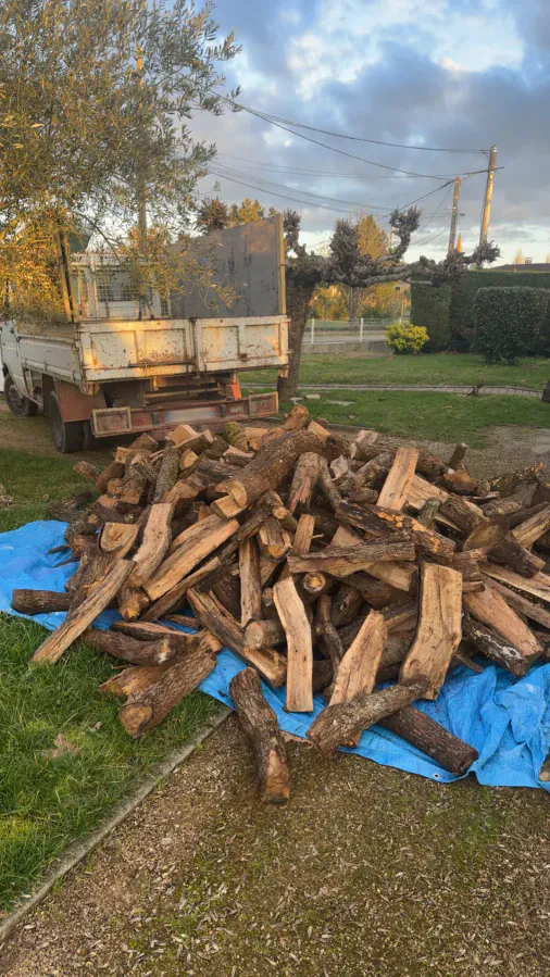 Bois fendu regroupé sur une bâche près d’un camion
