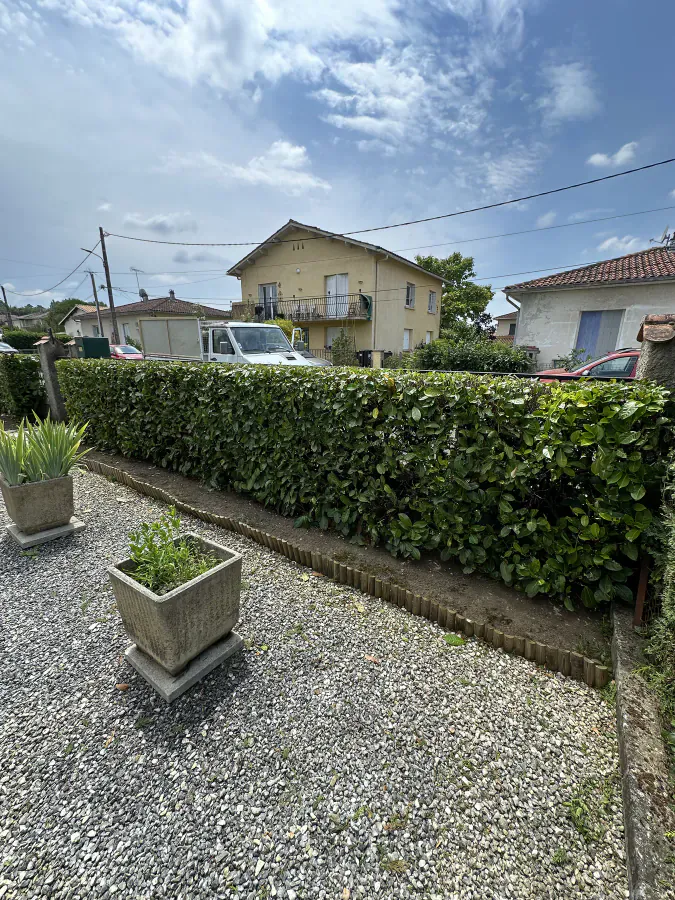 Haie taillée bordant une allée en gravier devant une maison