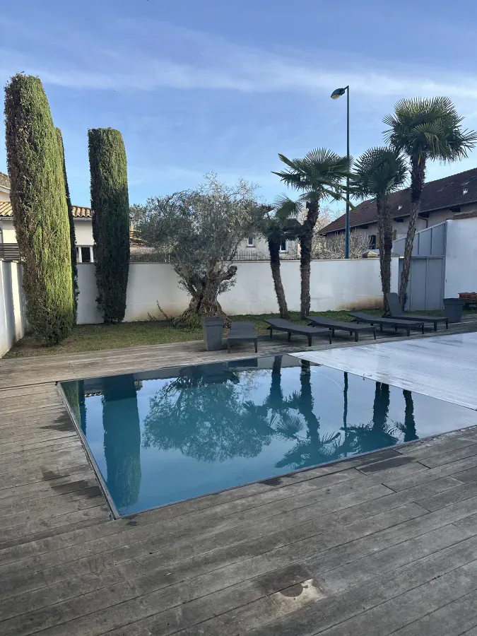 Cyprès, olivier et palmiers entretenus dans un jardin autour d'une piscine