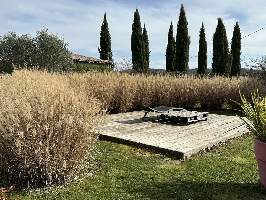 Graminées hautes autour de la terrasse avant l'entretien