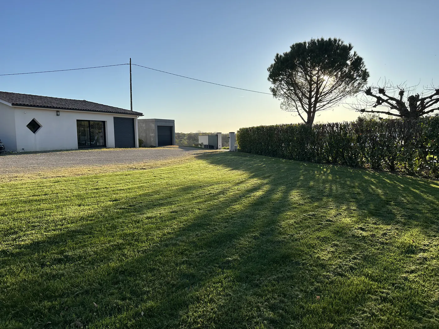 Pelouse fraîchement tondue devant une maison avec une haie entretenue